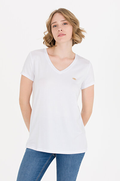 U.S. Polo Assn. Tricou de bază alb cu decolteu în V pentru femei 50269545-VR013