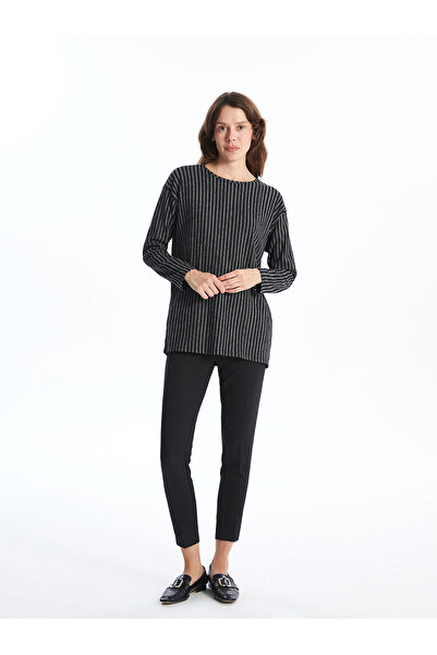 LC Waikiki Black Crew Neck Striped Oversize Women's T-Shirt