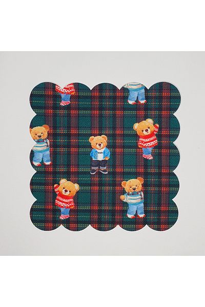 DECO Green Plaid Background Teddy Bear Patterned Digital Printed Cocktail Napkin