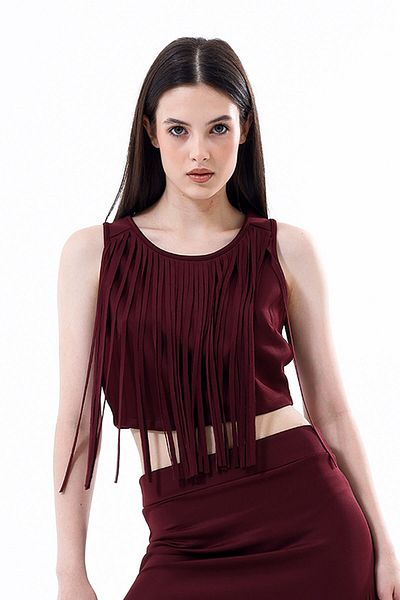 Sense Back Zippered Front Tasseled Scuba Bustier |   Bst35811 Claret Red
