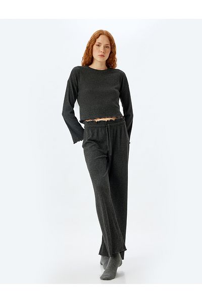 Koton Soft Textured Knitted Pajama Bottom - Wide Leg and Elastic Waist Lacing