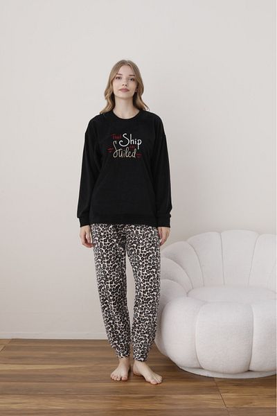 makkash Set de pijamale din lână moale cu model Black Ship Sailed pentru femei