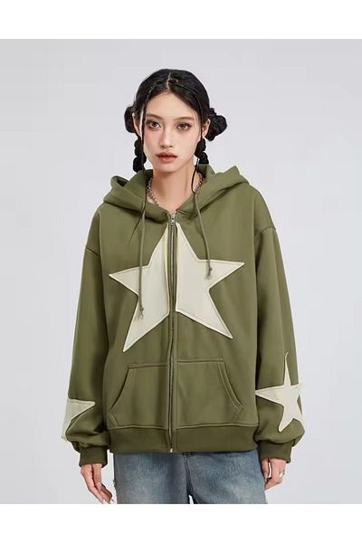 DENOKMODA UNISEX Oversize Hooded Sweatshirt - Zippered, Star Applique Pocket, Long Sleeve