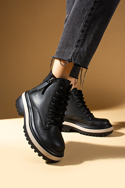 Pembe Potin Yeni Sezon Siyah Kadın Sıcak ve Şık Astar Fermuarlı Bağcıklı Spor Rahat Kalıp Bot