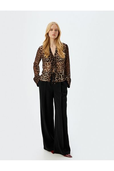 Koton Front Tie Bow Detailed Sheer Tulle Leopard Print Blouse