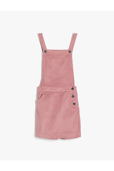 Koton Samt-Salopet-Kleid, quadratischer Ausschnitt, Taschen, Baumwolle, Knopfdetail