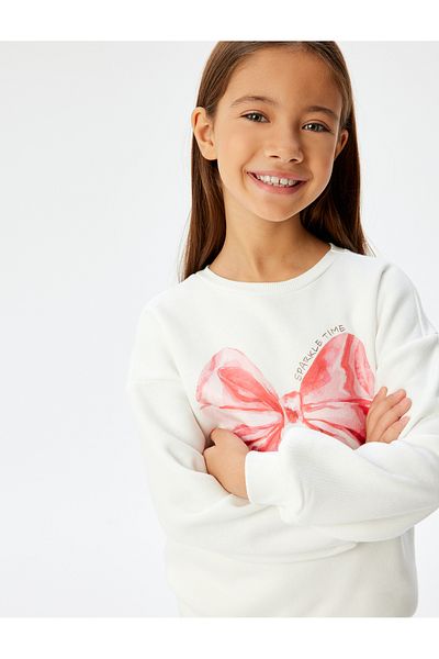 Koton Crew Neck Long Sleeve Raised Sweat Bow - Printed