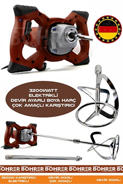 BÖHRER Alman 3200W Devir Ayarlı Çift Şanzıman Yeni Nesil Elektrikli Boya Harç Çok Amaçlı Red Karıştırıcı