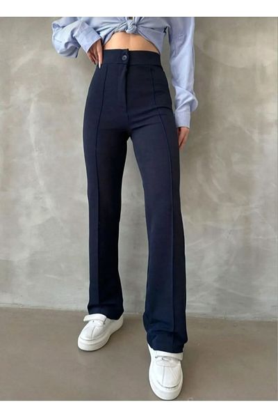 SUHIS Navy Blue High Waist Recovery Women's Palazzo Trousers - Lycra with Transverse Neck, Pipe Leg