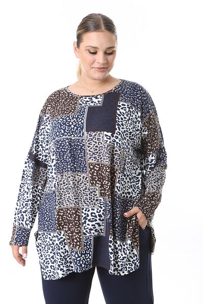 XL Modam Xlmodam Women's Large Size Long Sleeve Black Mink Patterned Lycral Tunic