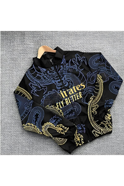 Lushen Unisex Paraşüt Kumaş Oversize Dijital Baskılı Siyah Rüzgarlık Yağmurluk İnce Ceket