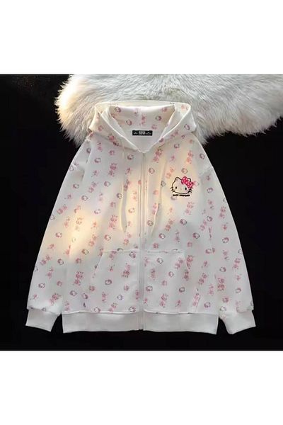 DENOKMODA Hellokitty Star Applique Detailed Long Sleeve Hooded Sweatshirt with Pockets