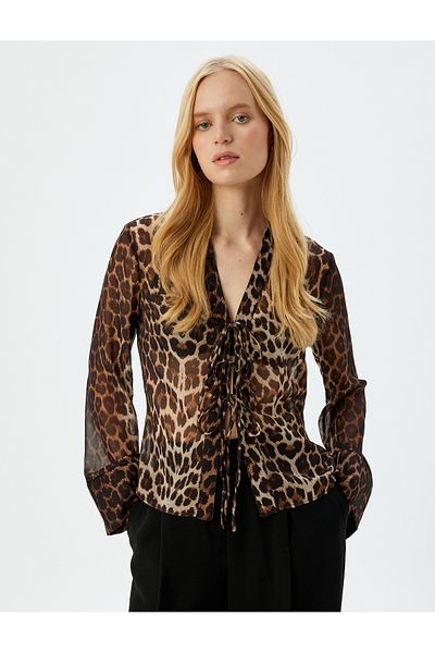 Koton Front Tie Bow Detailed Sheer Tulle Leopard Print Blouse