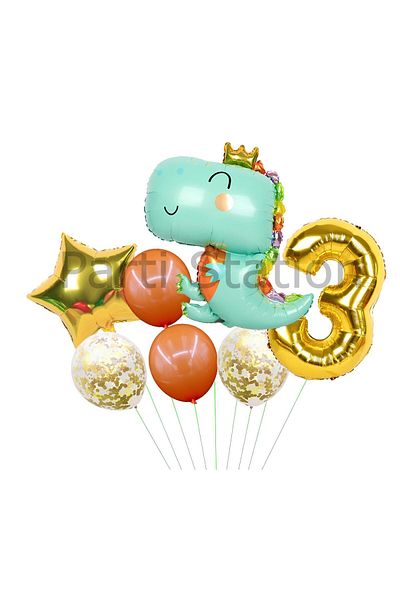 Parti Station Cute Green Dinosaur Concept 3 Years Old Balloon Set Jurassic Dinosaur Theme Birthday Foil Balloon Set