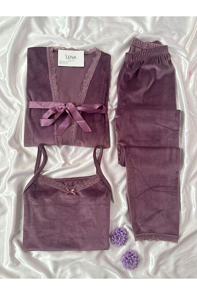Lena Homewears Set pijamale de damă cu halat din catifea liliac