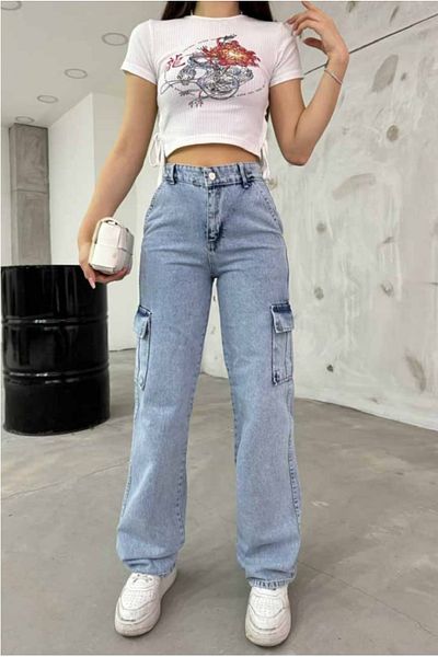 SHEVEGA Ice Blue Lycra High Waisted Cargo Pocket Palazzo Jeans
