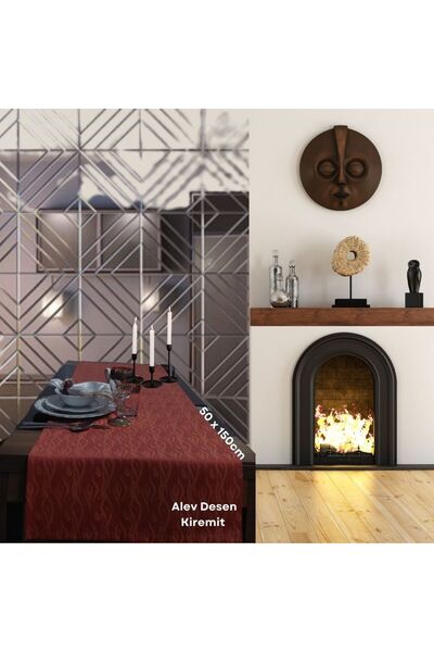 Yemek Masa Örtüsü Runner - Desenli Runner - Alev Desenli - 50 x 150 cm - %50 Pamuk %50 Polyester
