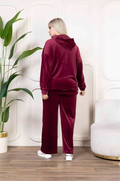 garajmood Burgundy Velvet Fabric Zipper Detailed Collar Bottom & Top Set Plus Size Set