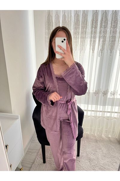 Lena Homewears Set pijamale de damă cu halat din catifea liliac