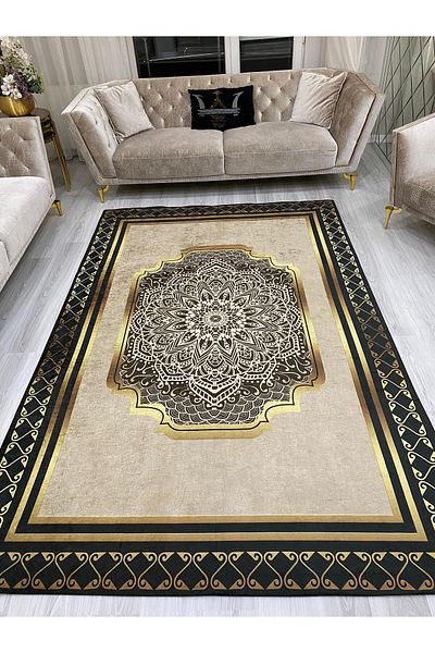ALLGELSİN 6m2 Meter Square Washable Carpet Cover - 200x300cm, Elastic Bottom, Modern Striped