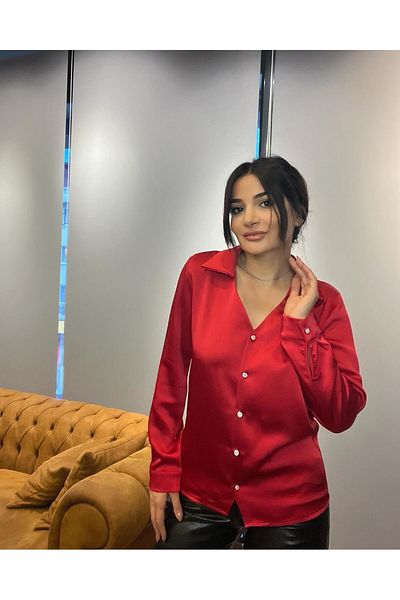 Daves Red Basic Long Sleeve Women's Satin Shirt