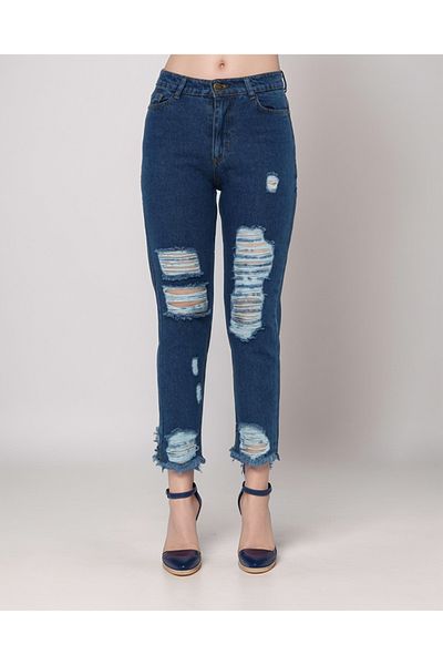 SHEVEGA Navy Blue Ripped Mom Jean Boyfriend Jeans