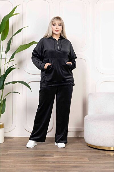 garajmood Black Velvet Fabric Zipper Detailed Collar Bottom & Top Set Plus Size Set