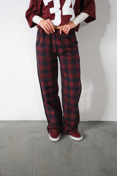 Domoda Bordo Ekoseli Flanel Yüksek Bel Pijama Altı Rahat Kesim Geniş Paça Pamuklu Kadın Pantolon