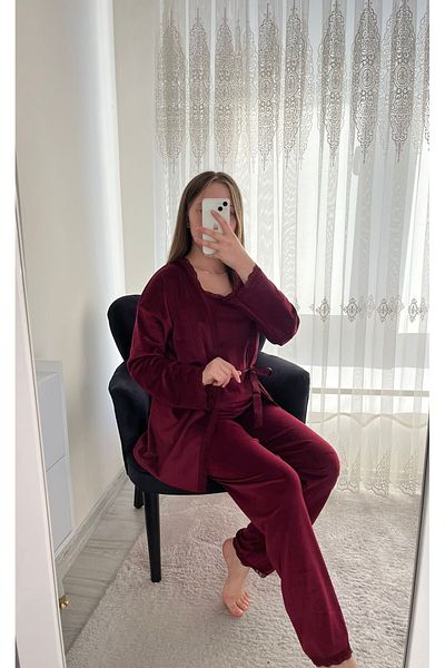 Lena Homewears Set pijamale de damă din catifea burgundă