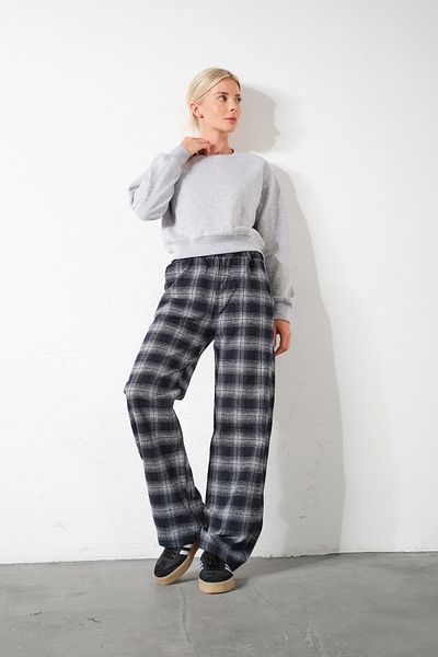 Domoda Black Plaid Flannel High Waist Pajama Bottoms Relaxed Fit Wide Leg Cotton Women's Pants