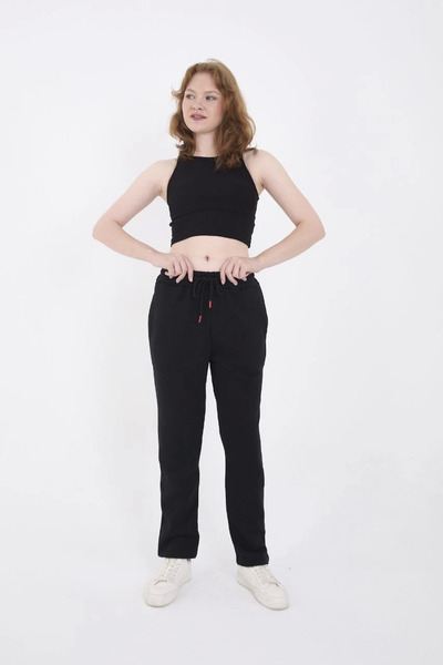 GurkStore Women's 3 Thread Cotton Pipe Leg Sweatpants with Pockets - Black