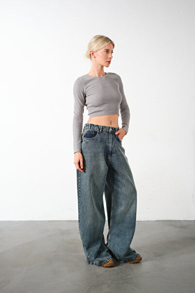 Maule Μπλε εξαιρετικά ψηλόμεσο 100% βαμβακερό ελαστικό τζιν παντελόνι με φαρδύ πόδι