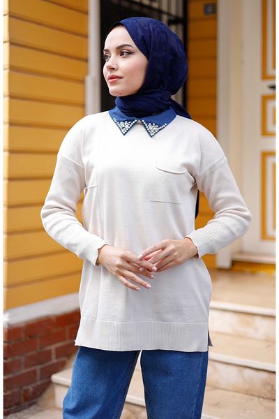 Pamuk Butik Women's Mercerized Collar Stone Detailed Knitwear Tunic