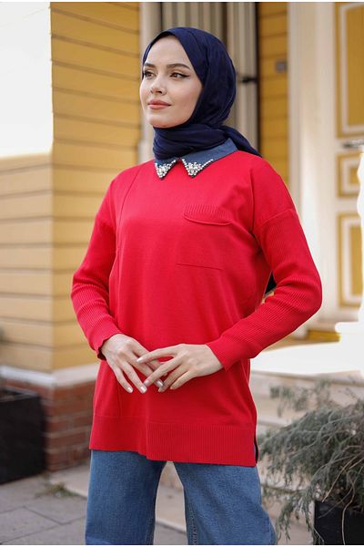 Pamuk Butik Women's Mercerized Collar Stone Detailed Knitwear Tunic