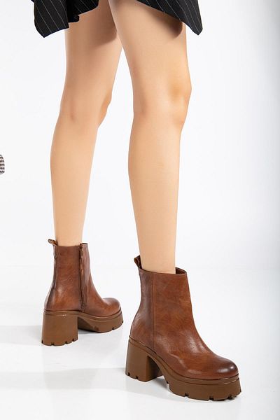 Dilimler Ayakkabı Tan Platform Γυναικείες Μπότες με τακούνι - Face Zippered