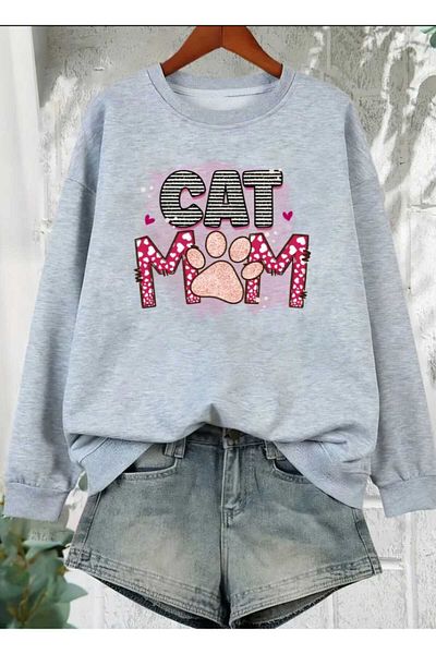 mia storia Hanorac oversize cu gât crew - Femei cu imprimeu cu labe de pisică