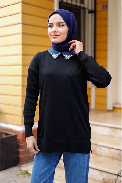 Pamuk Butik Women's Mercerized Collar Stone Detailed Knitwear Tunic