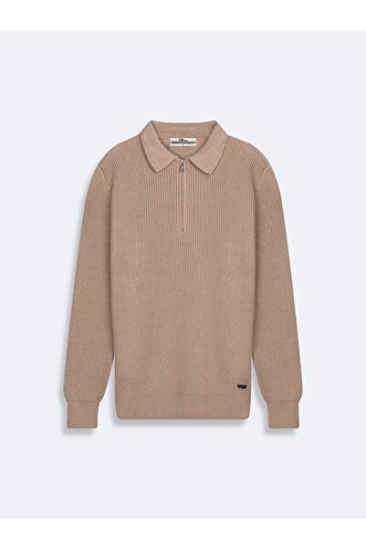 Ltb Triko Gömlek Yaka Yarım Fermuarlı Gri Kazak