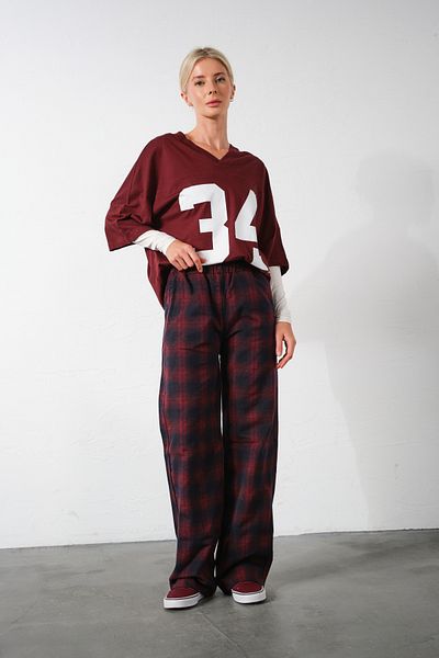 Domoda Karierte Flanell-Pyjamahose mit hoher Taille, bequem geschnittene Damenhose aus Baumwolle mit weitem Bein