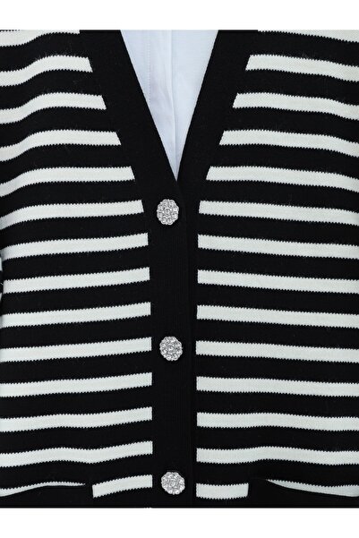Modamorfo Cardigan tricotat cu dungi cu buzunare duble -Negru