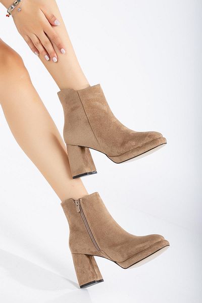 Dilimler Ayakkabı Beige Suede Women's Platform Boots - Face Zipper