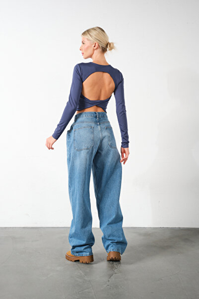 Maule Blugi de damă cu talie înaltă albastră, 100% bumbac, talie reglabilă, blugi largi