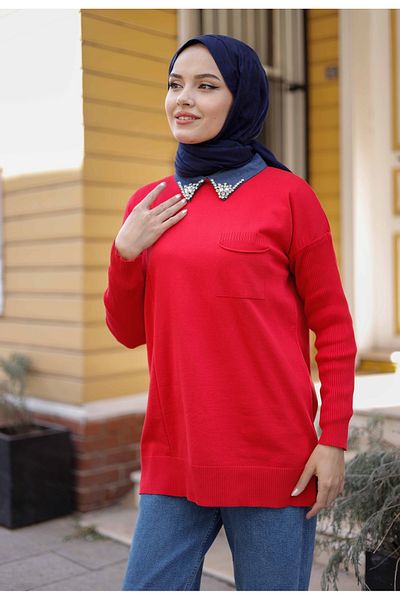 Pamuk Butik Women's Mercerized Collar Stone Detailed Knitwear Tunic
