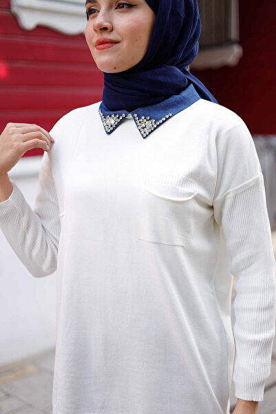 Pamuk Butik Women's Mercerized Collar Stone Detailed Knitwear Tunic