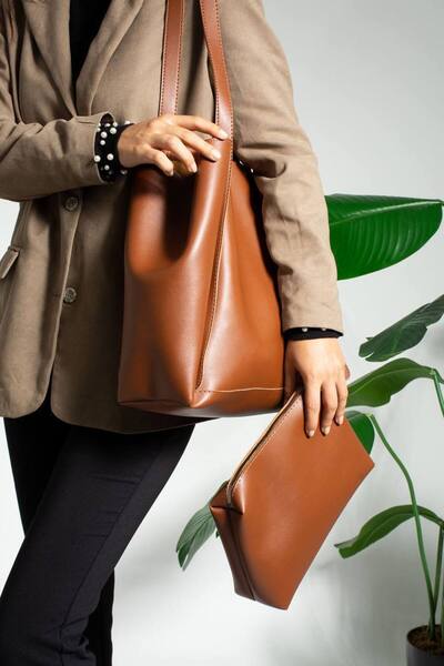 ÇANTA Kadın Taba Yavrulu Katlanabilir İçi Süet Yumuşak Deri Büyük Boy Shopper...