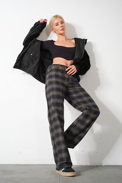Domoda Karierte Flanell-Pyjamahose mit hoher Taille, bequem geschnittene Damenhose aus Baumwolle mit weitem Bein