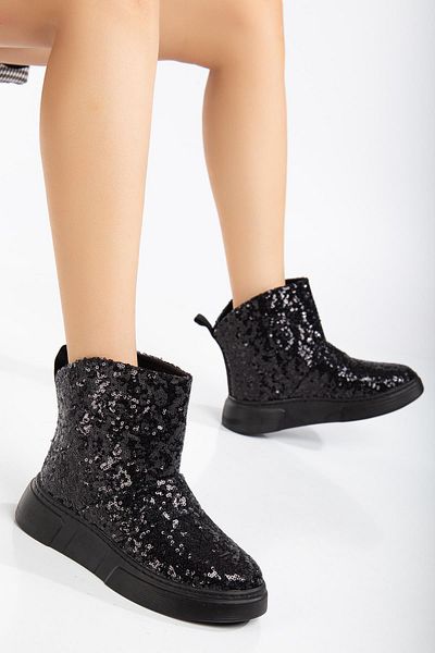 Dilimler Ayakkabı Shiny Black Sequin - Flat Sole Women's Boots