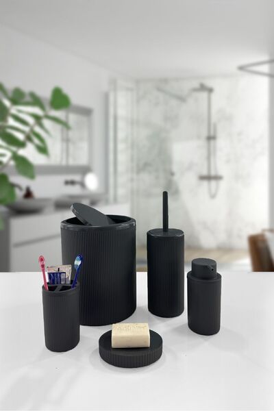 BİLTAŞ PLASTİK Auaro 5 Parça Siyah Çizgili Yuvarlak 5'li Eco Banyo Seti