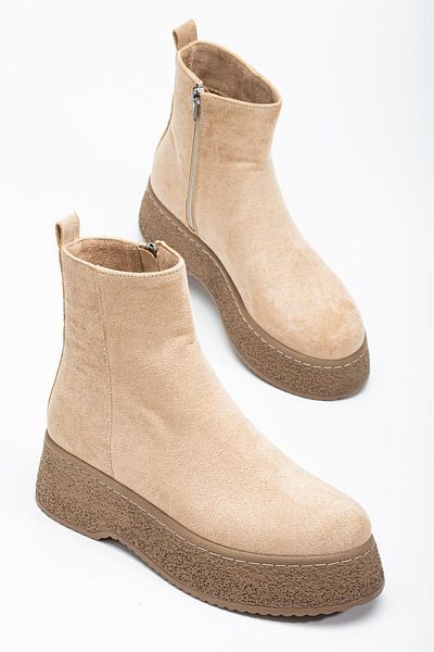 Dilimler Ayakkabı Nude Suede Women's Boots - Thick Sole and Laceless Face