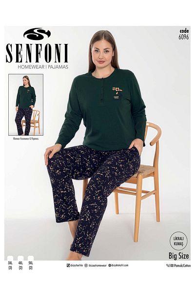SENFONİ Symphony Women's Plus Size Buttoned Collar Long Sleeve Cotton Lycra Pajamas Set 6096 -1 Piece